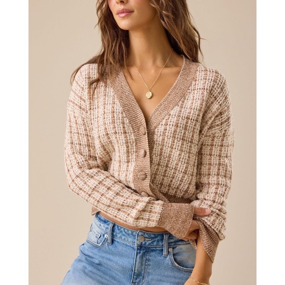 Altar'd State Sweaters - Altar'd State Brown Plaid Cropped Cardigan Sweater Size XXS Button Front V-Neck